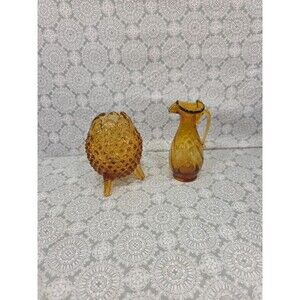 Vintage Amber Glass Lot Fenton Footed Hobnail Egg & Amber Glass Pitcher Ruffle